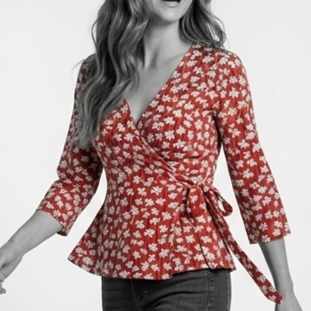 Anne Klein Red and White Wrap Blouse 3/4 Sleeve